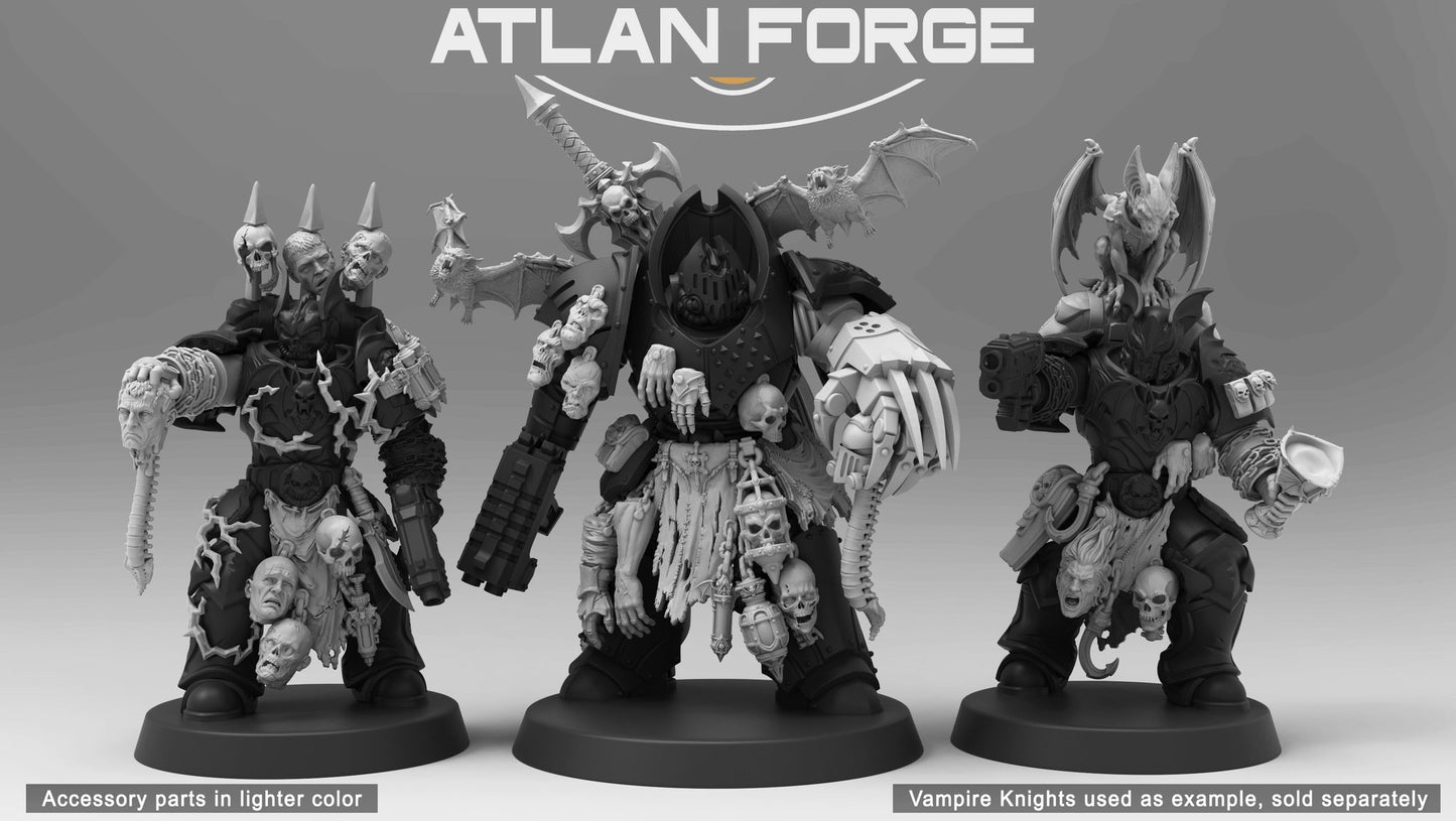 Vampire Knights Accessories by Atlan Forge showing three assembled 32mm resin knight lords with accessory parts highlighted in lighter grey