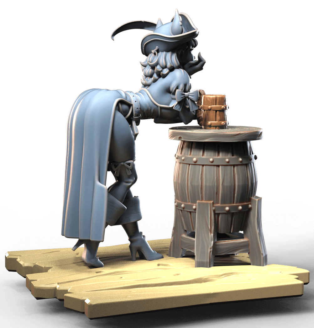 Pin-Up Fantasy Bar Girl – resin miniature of tavern barmaid leaning on barrel with mug