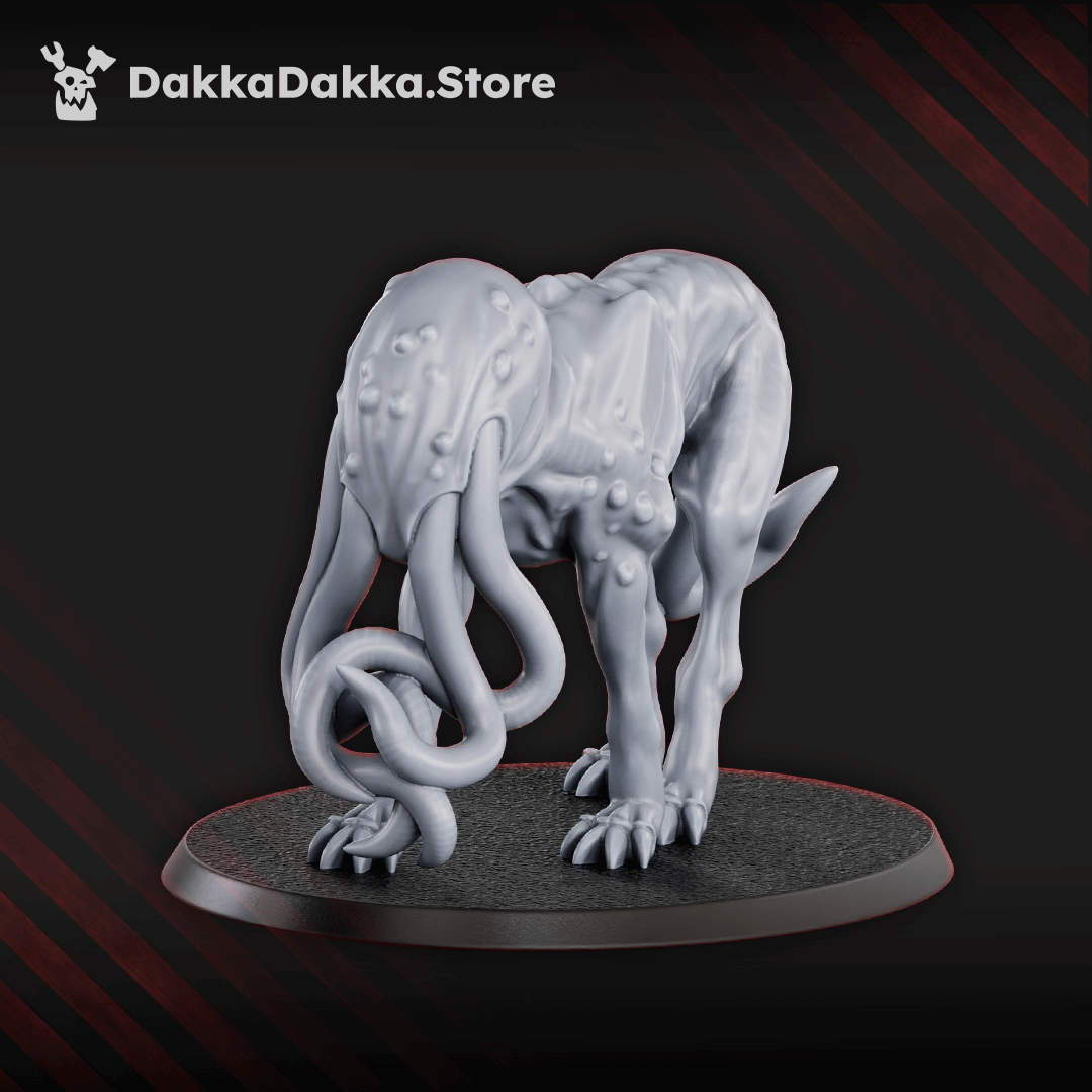 Trench Crusade Style Tet'o Abyss Hounds resin miniatures, 2 eldritch hound creatures with tentacles on oval bases, 31mm scale