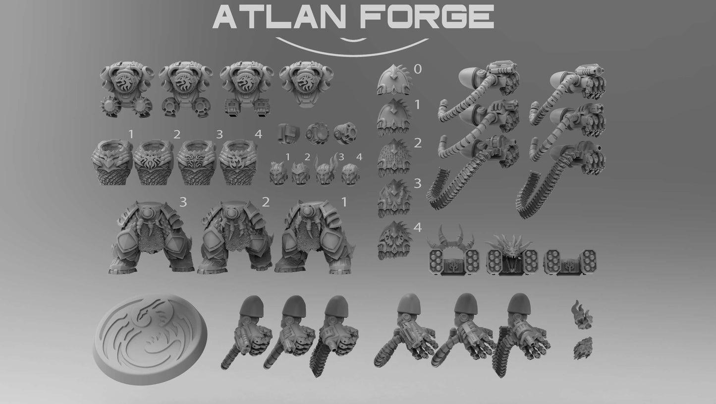 Atlan Forge Dragon Aegis Incandescents miniatures set showcased with various parts and detailed components for sci-fi wargaming.