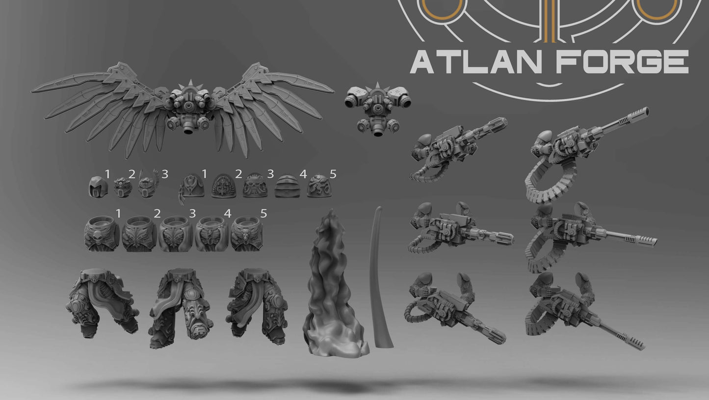 Angelic Flying Artillerymen miniatures by Atlan Forge, featuring detailed components and accessories in grey resin.