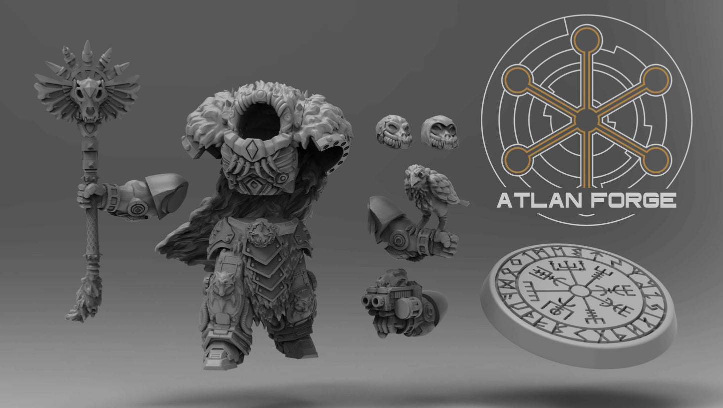 Einherjar Storm Priest miniature with detailed armor, staff, and base for sci-fi wargaming, made from durable grey resin.