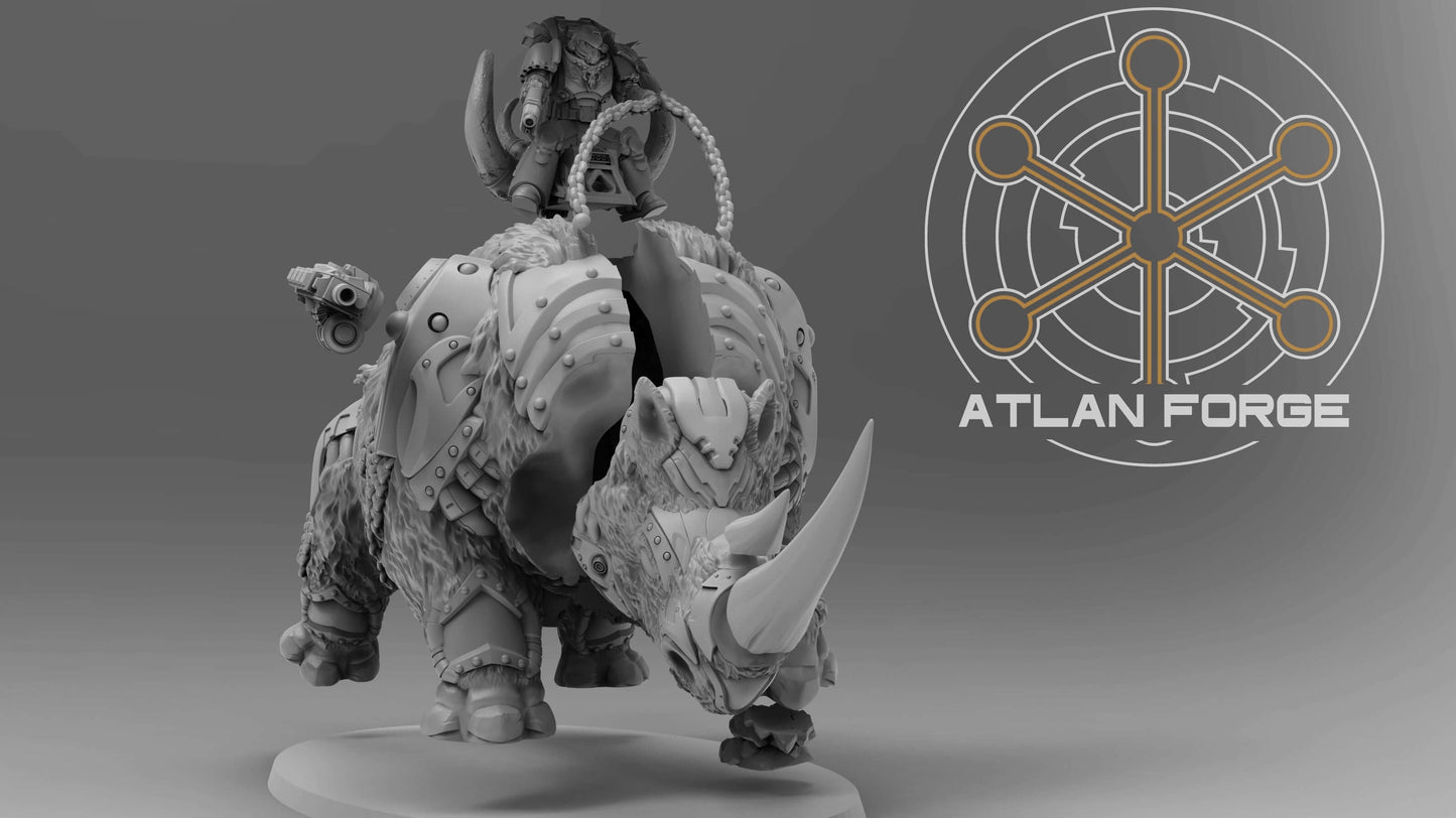 Cybernetic Wooly Rhino miniature for sci-fi wargaming, showcasing detailed design and weapon options.