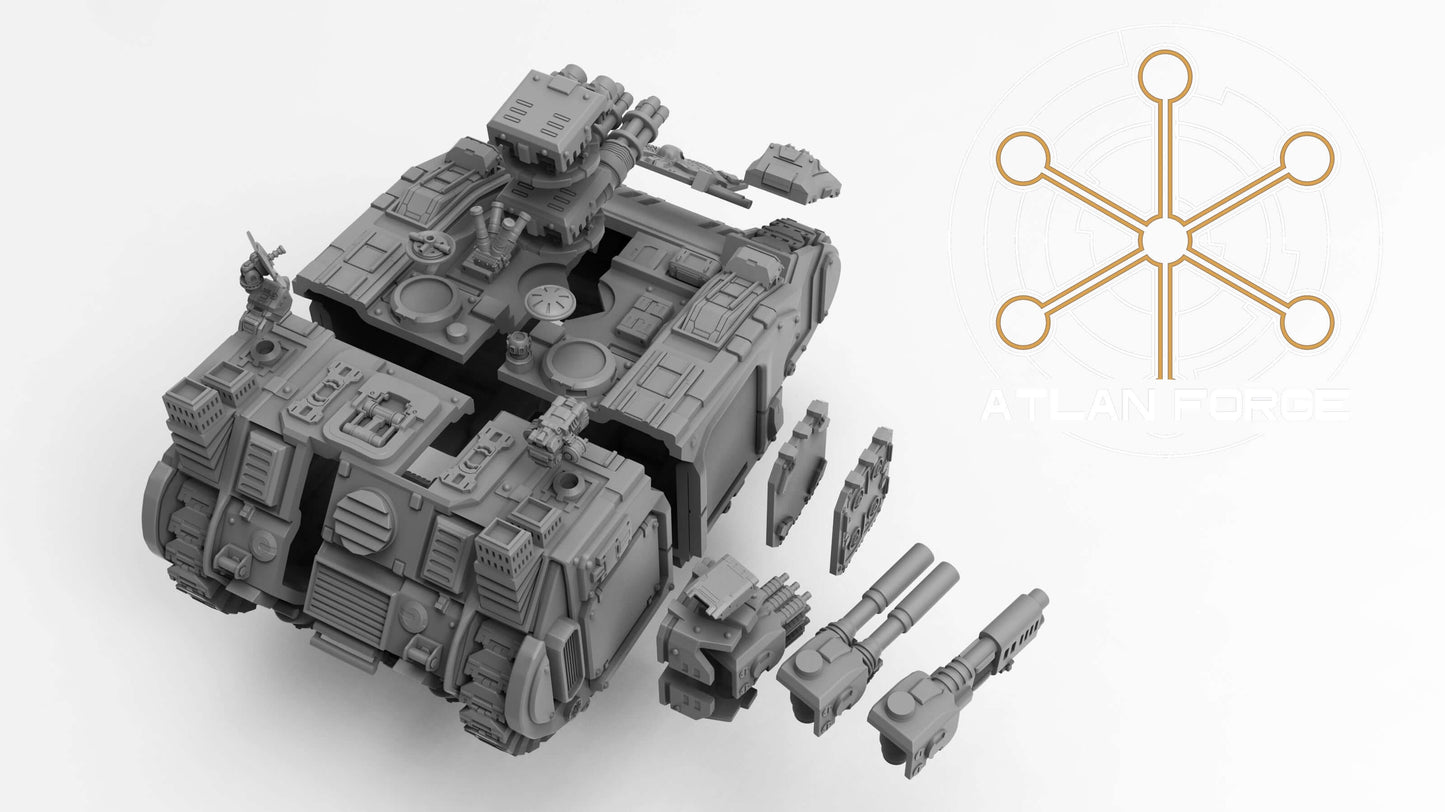 Loxodon Heavy APC wargaming miniature model components, including turret options and side weapons by Atlan Forge.