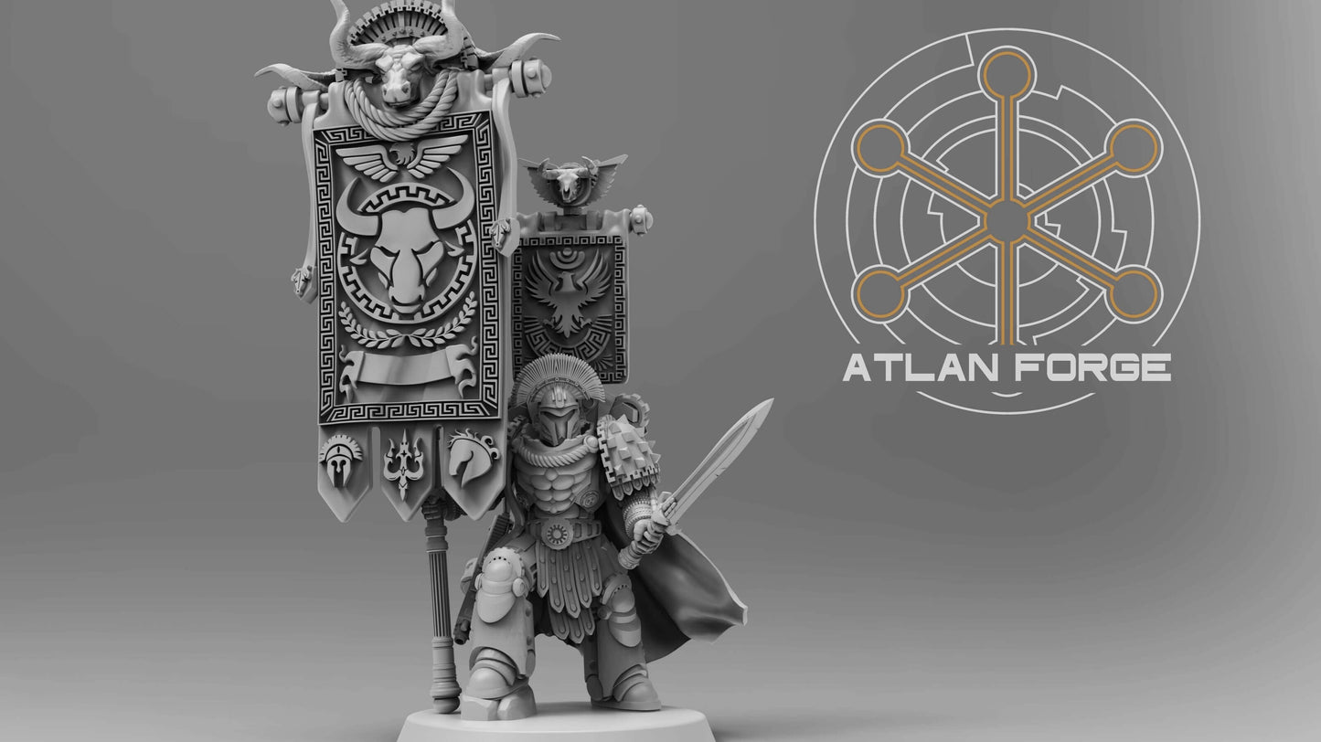 Minoan War banners with standard bearer miniature for sci-fi wargaming by Atlan Forge, featuring ancient Greek designs.