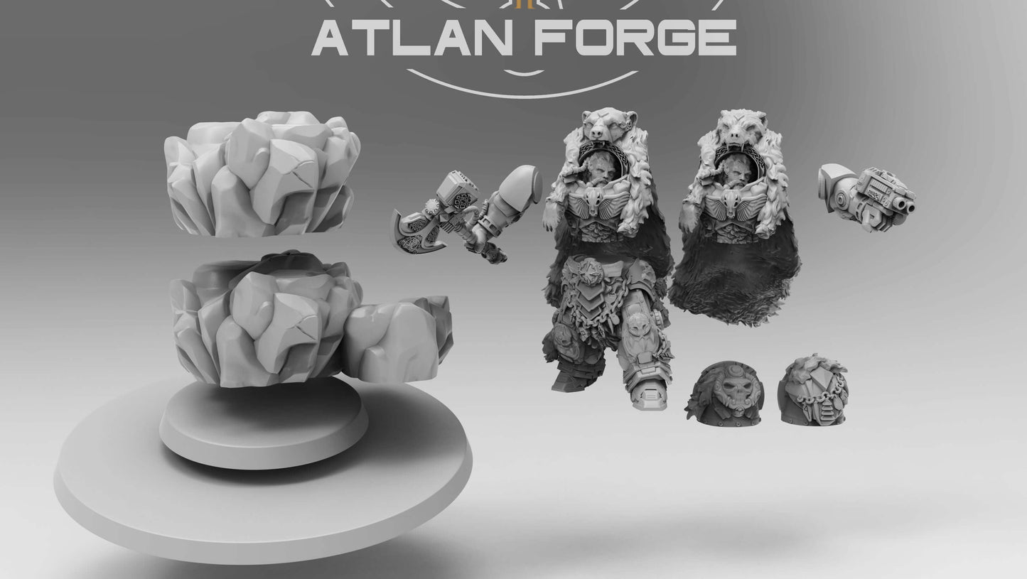 Asgardian Einherjar Commander miniatures set with companion wolves and custom rocky bases by Atlan Forge.