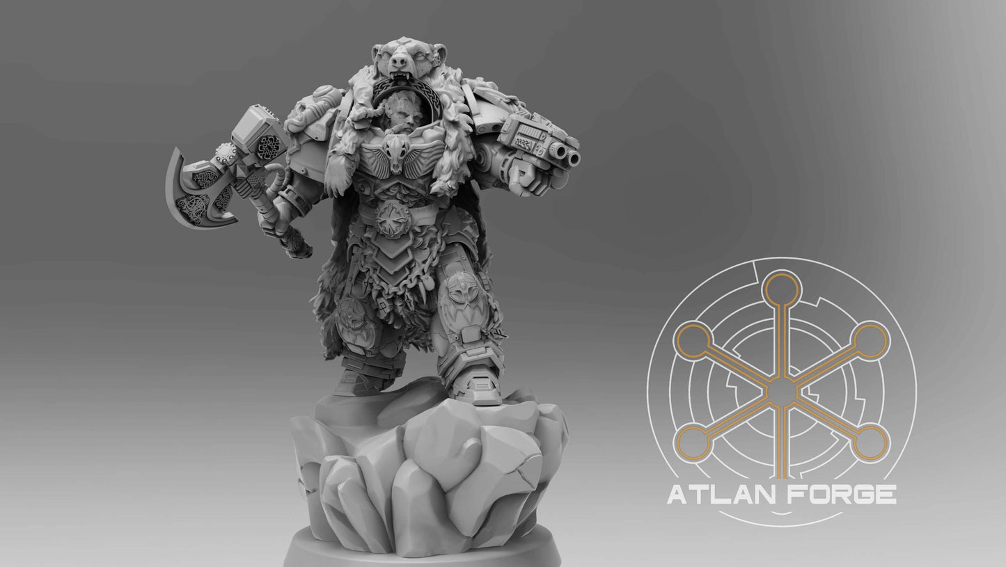 Asgardian Einherjar Commander miniature from Atlan Forge, featuring detailed armor and a rocky base for sci-fi tabletop gaming.