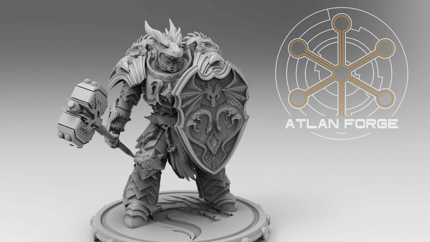 Dragon Knights Veteran wargaming miniature from Atlan Forge, featuring armor, shield, and hammer, in grey resin design.