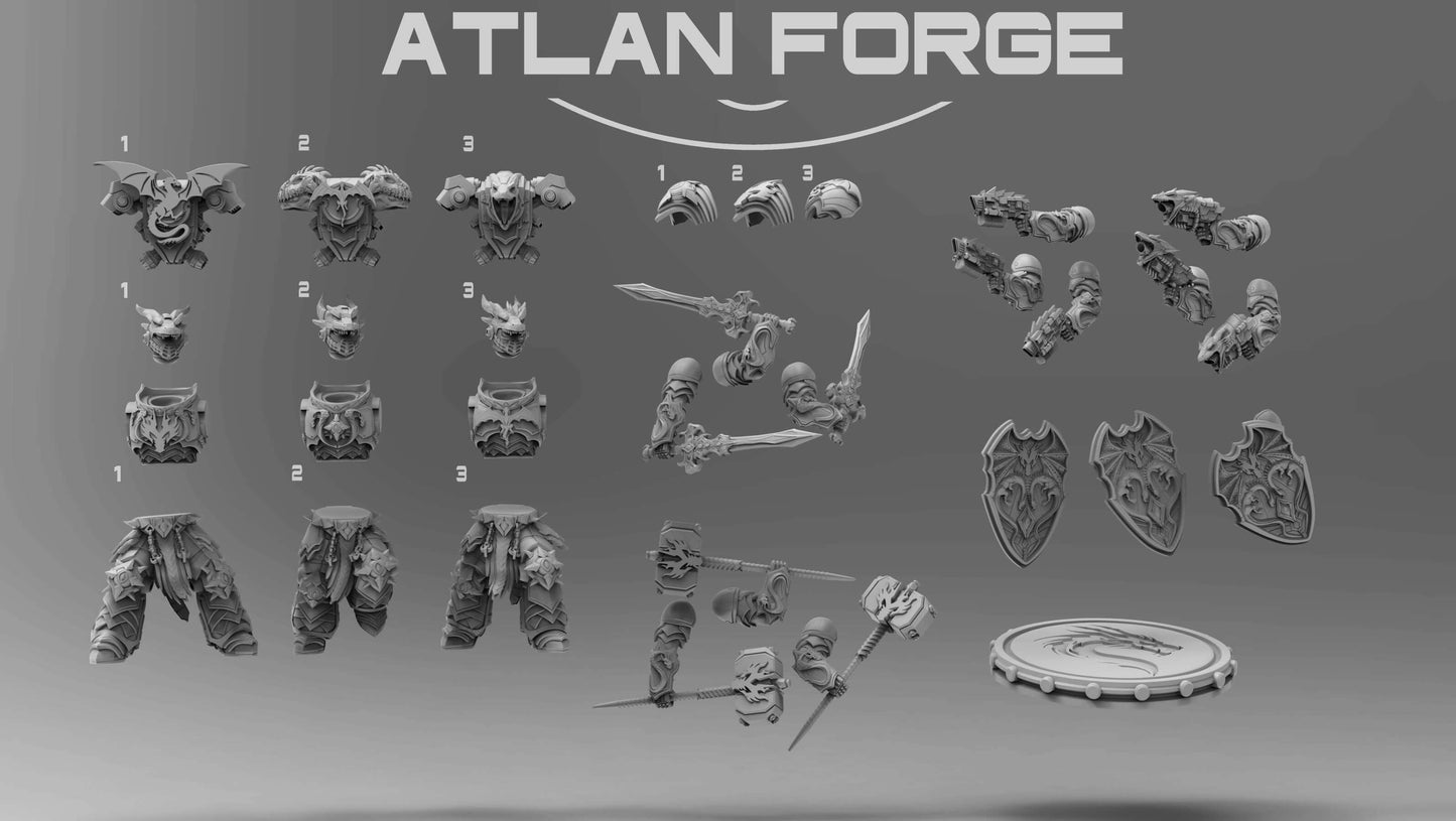 High-quality 3D model parts for Dragon Knights Veterans from Atlan Forge, showcasing weapons, armor, and bases.