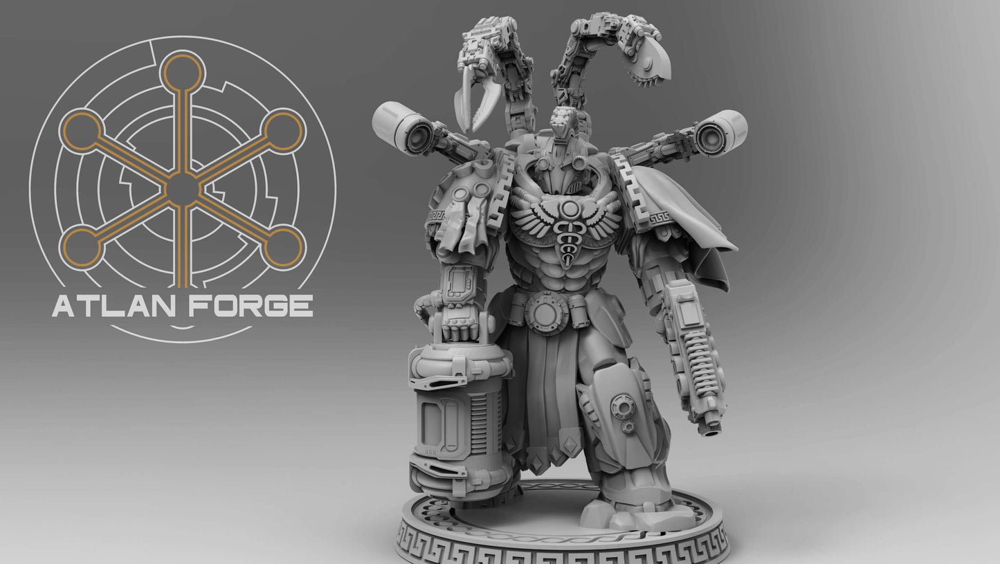 Minoan Aegis Therapeuo wargaming miniature in grey resin with ornate base and Atlan Forge logo.