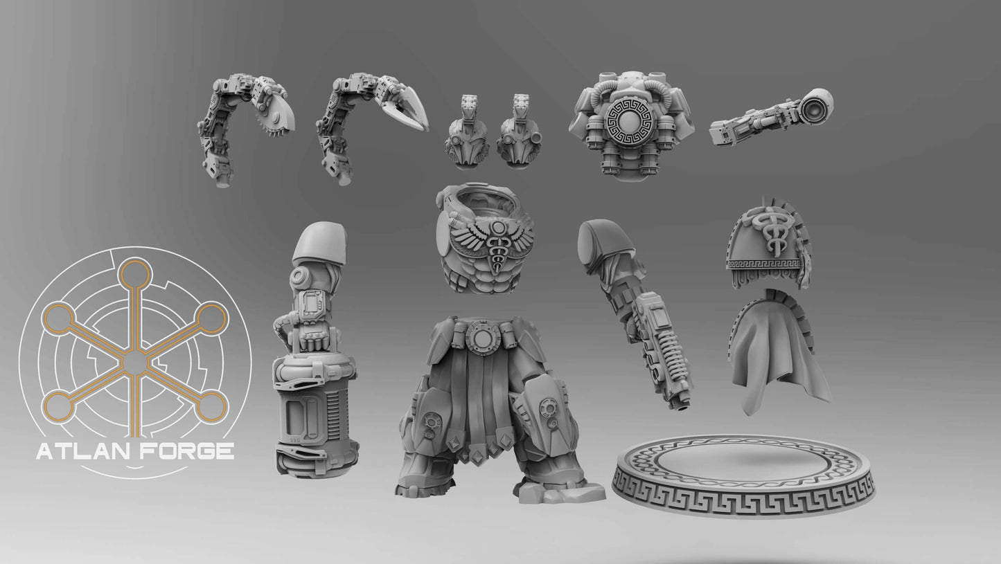 Minoan Aegis Therapeuo sci-fi miniatures components displayed in grey resin for tabletop gaming.