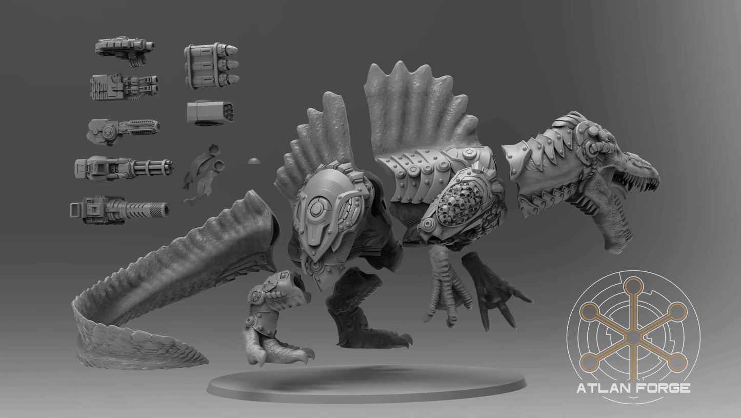 Cybernetic Spinosaurus miniature with various weapon options, designed for sci-fi tabletop wargaming, displayed in grey resin.
