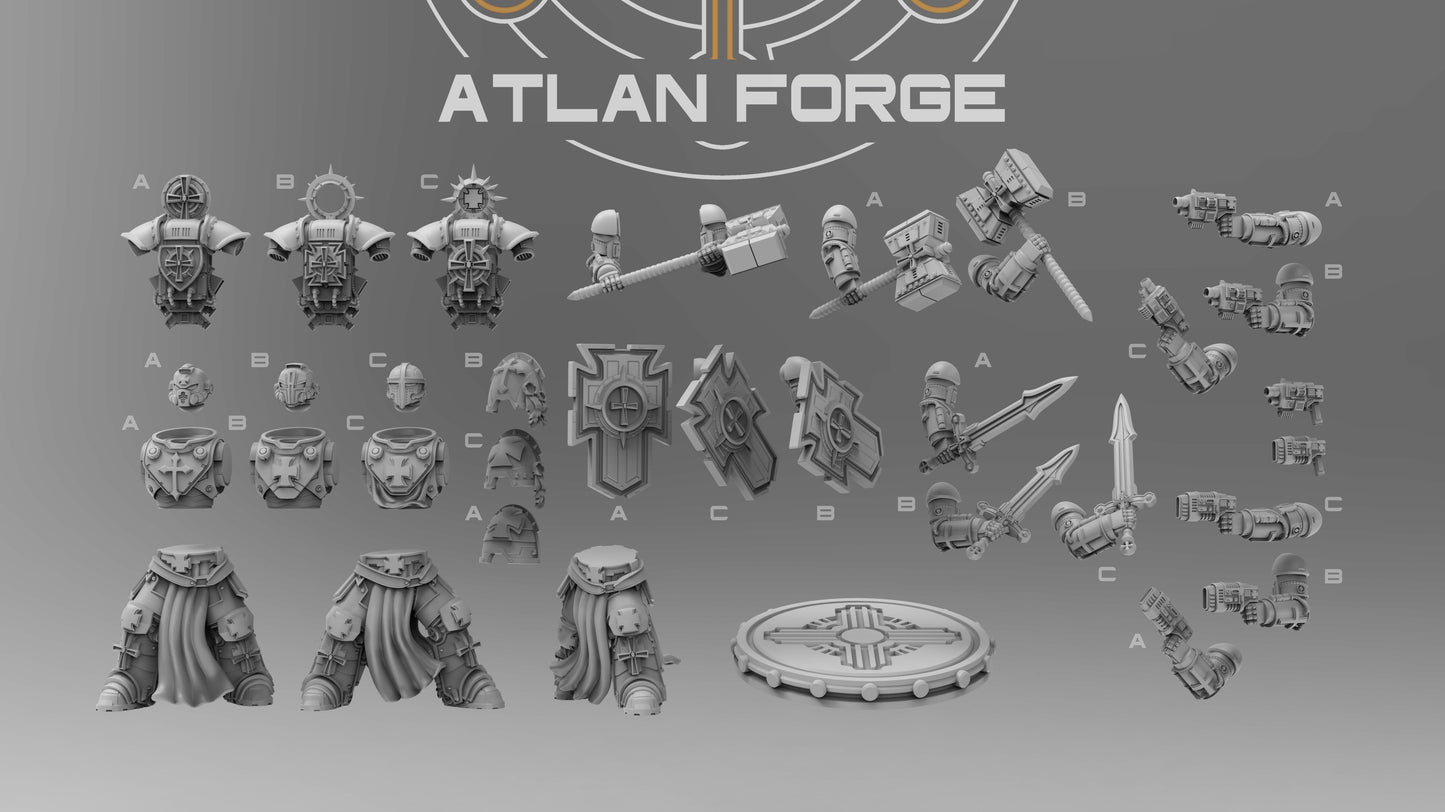 Three Templar Veterans miniatures in knightly armor, armed with weapons, designed for sci-fi tabletop gaming.