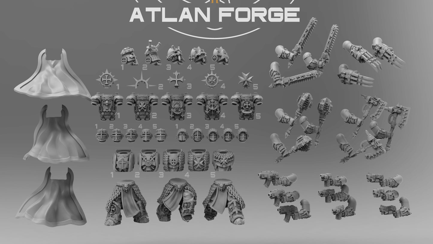 Modular components for the Argenta Templar Sci-Fi Warrior miniatures, including heads, arms, weapons, torsos, legs, backpacks, and flowing capes.