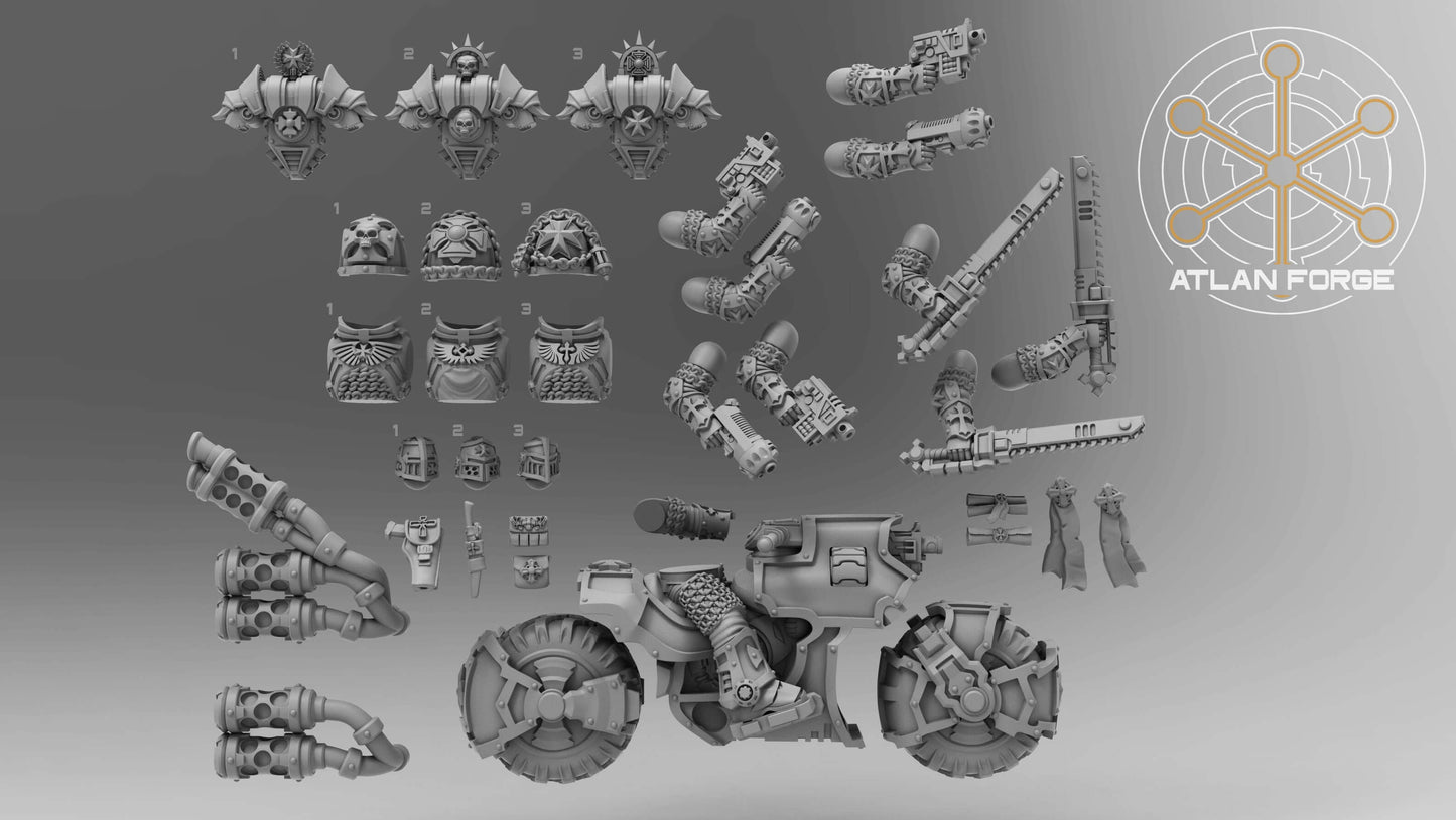 Templar Bikers squad of three armoured sci-fi war bike riders by Atlan Forge