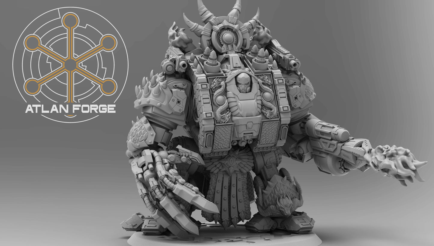 Dragon Dreadnought — view 14Dragon Dreadnought resin miniature by AtlanForge showing a heavily armoured mech walker with draconic iconography, scaled armour panels, twin cannons, and horned head crest, approximately 80 to 100mm tall