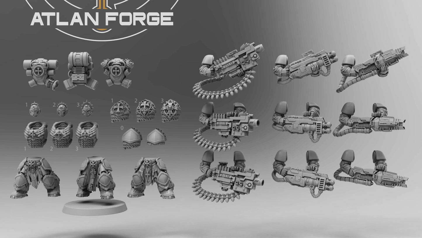 Flat lay of all modular kit components: torsos, legs, backpacks, helmets, chest plates and weapon arm sets