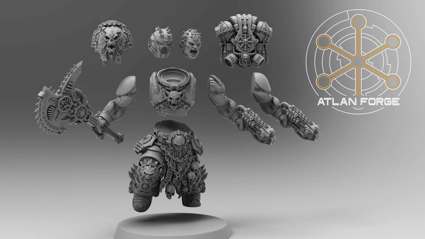 Exploded parts layout showing three head options, two arm assemblies, backpack and lower body for the modular kit