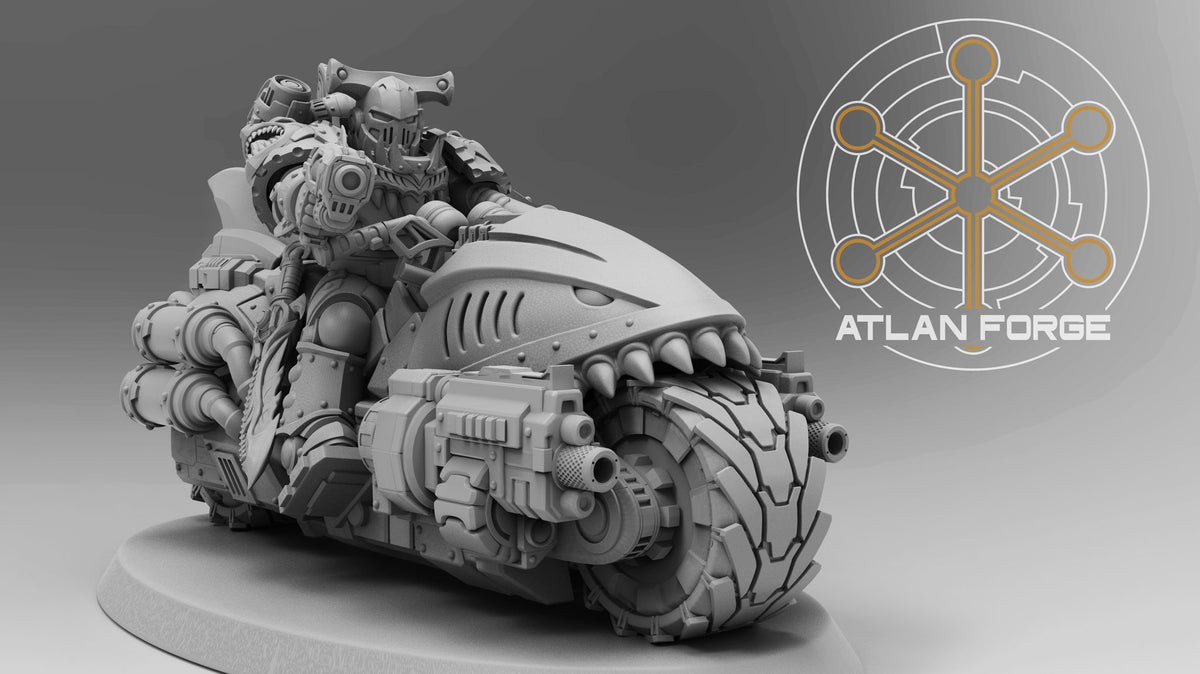 Three-quarter front view of a Wai Toa Biker on rubble-textured oval base, full bike body and rider visible