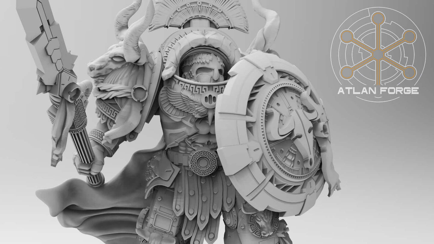 Minoan Myrmidon Captain – 32mm sci-fi warrior resin miniature with axe-spear and ornate shield