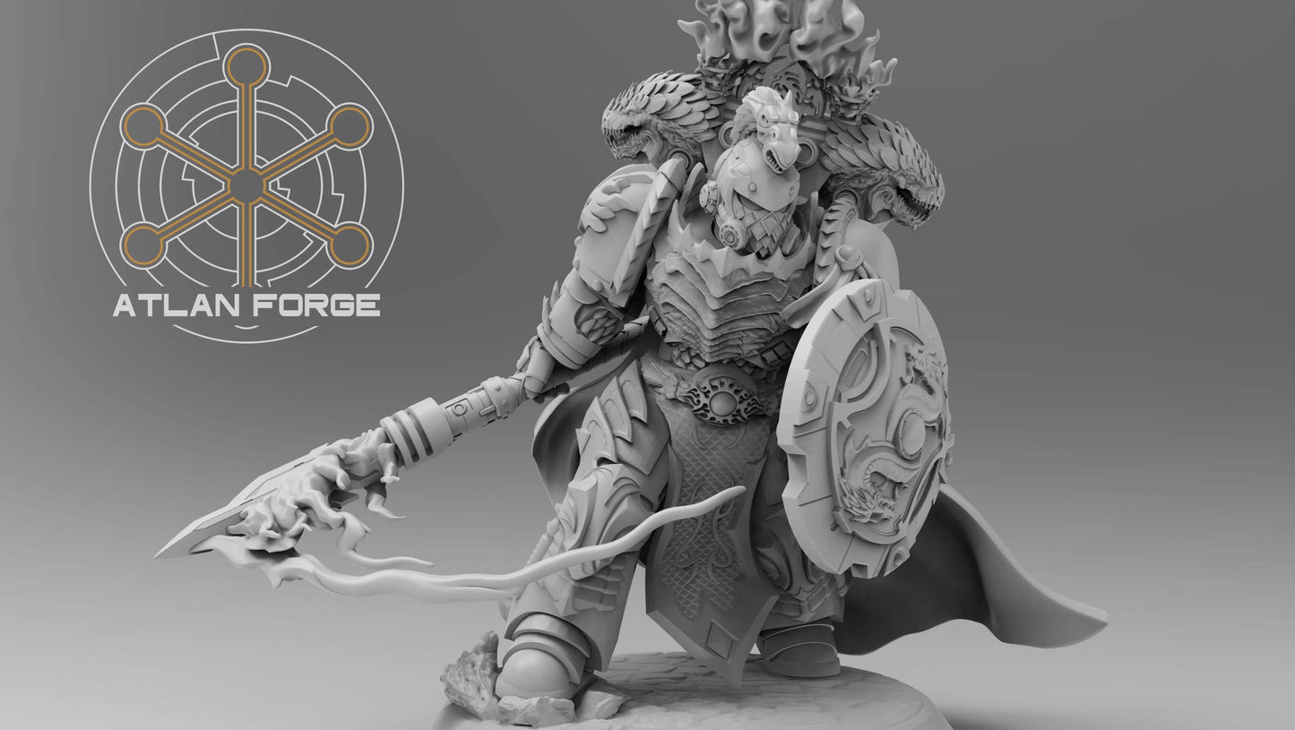 Dragon Knights Captain miniature in drake-forged war plate wielding a flaming spear and shield, exemplifying valor and might.