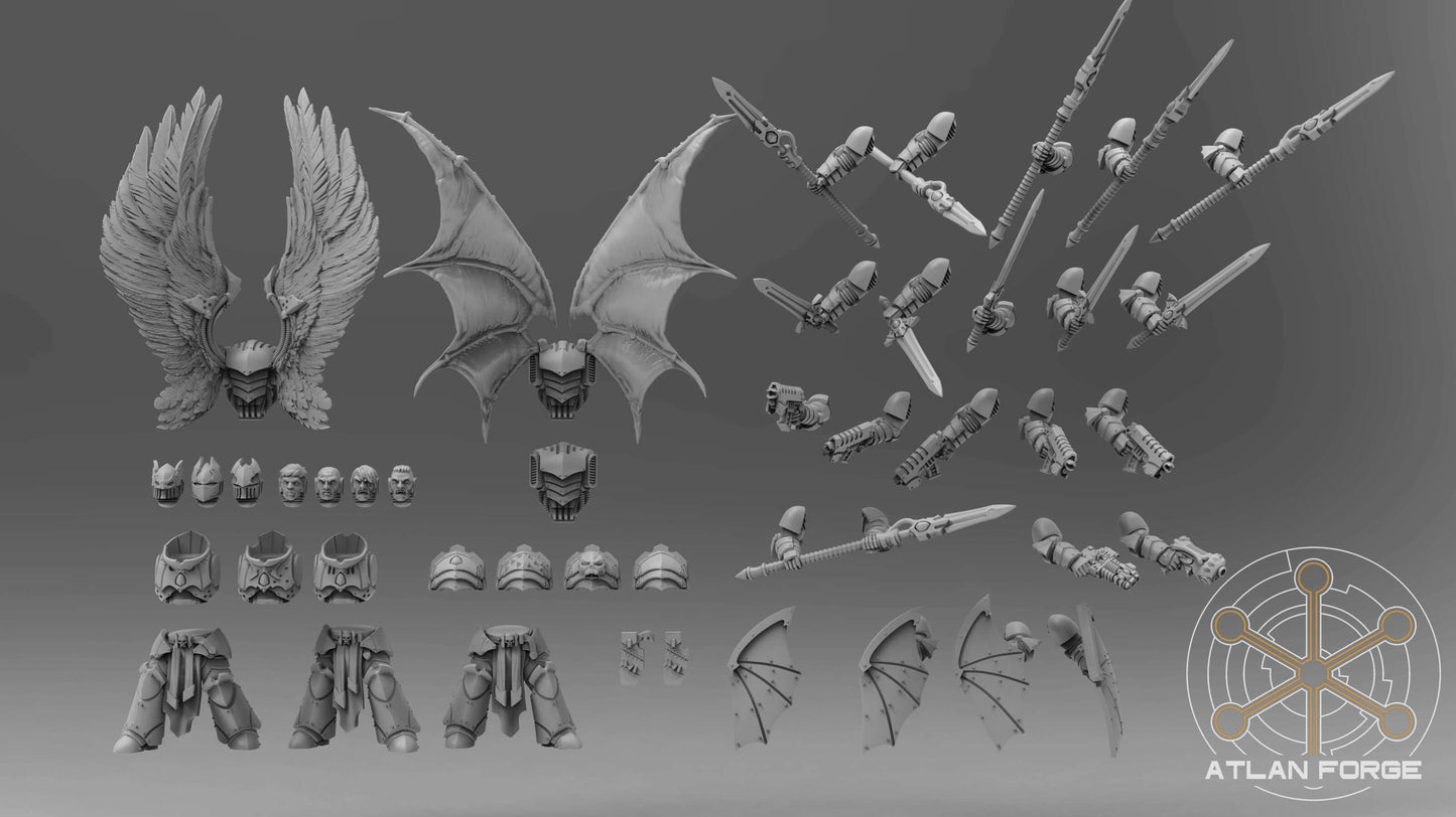 Three gothic sci-fi vampire knight veterans in heavy armour, wielding power swords and pikes, with angelic or demonic wings, standing ready for battle.