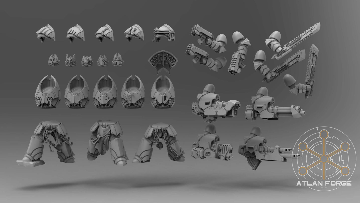 Five gothic sci-fi vampire knights Uriasi in heavy power armour, wielding powerful weapons and standing on a ruined battlefield.