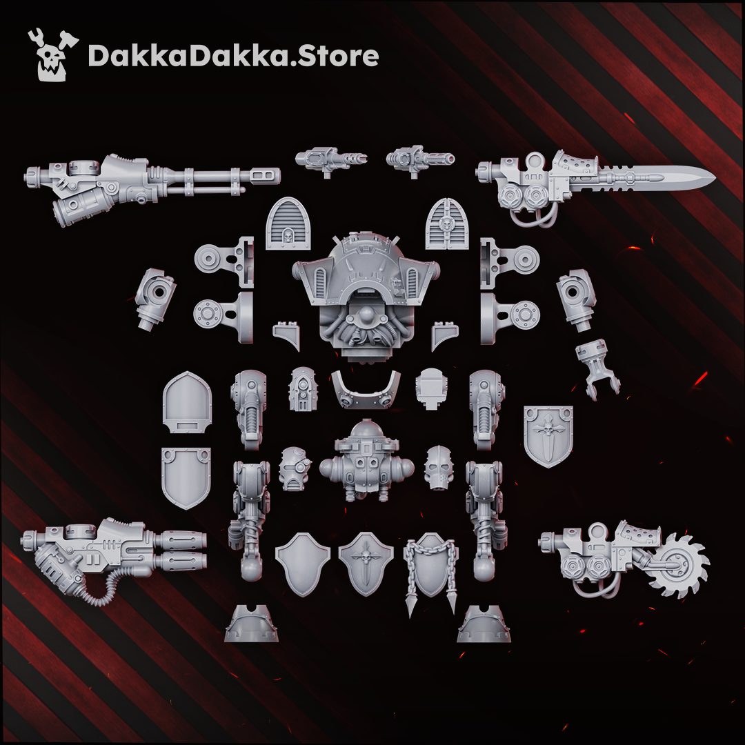 All 40 individual resin parts laid out showing full weapon and shield options for the Rangermech Fightermech