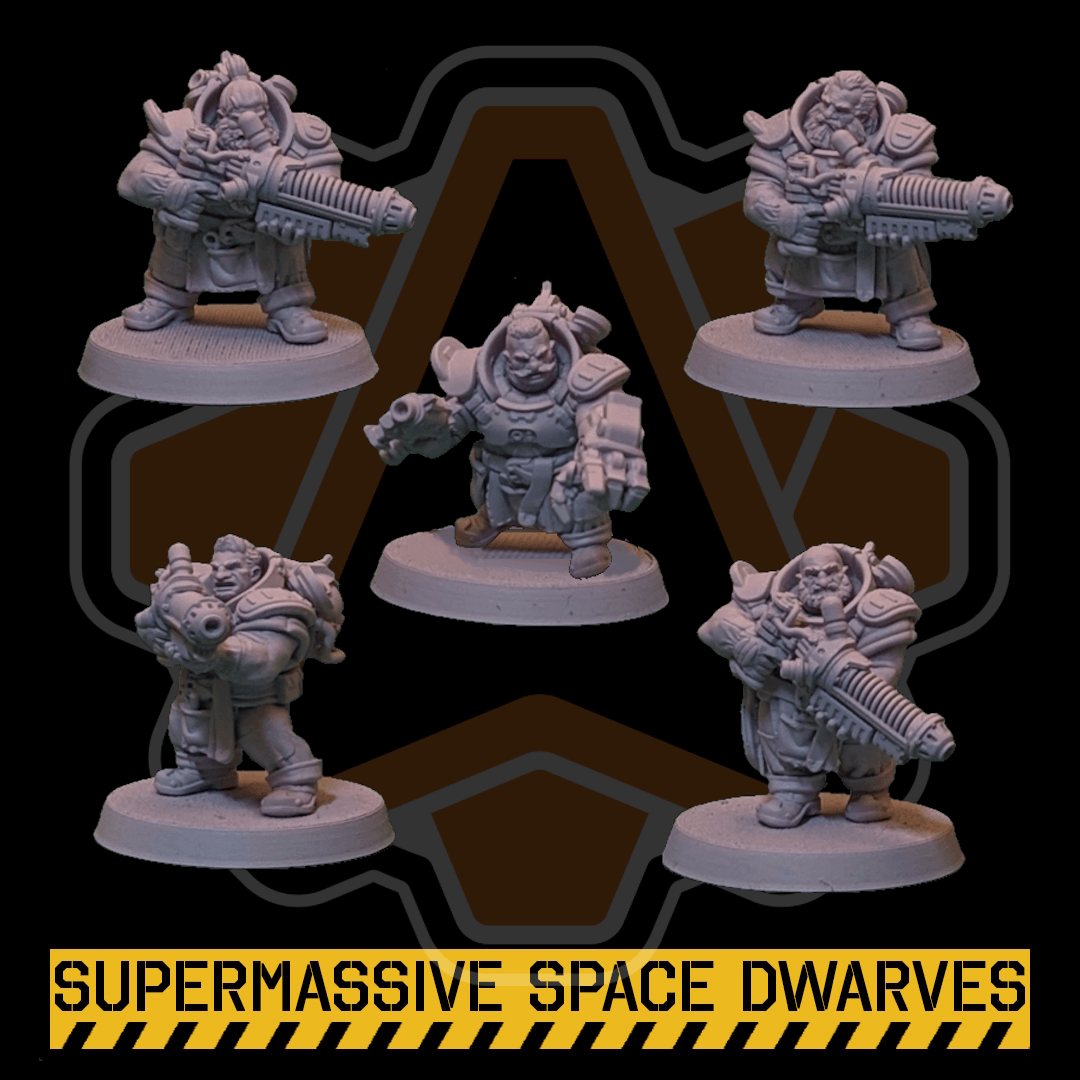 Space Dwarf Warriors miniatures in grey resin; 5 models with plasma rifles for sci-fi tabletop games.