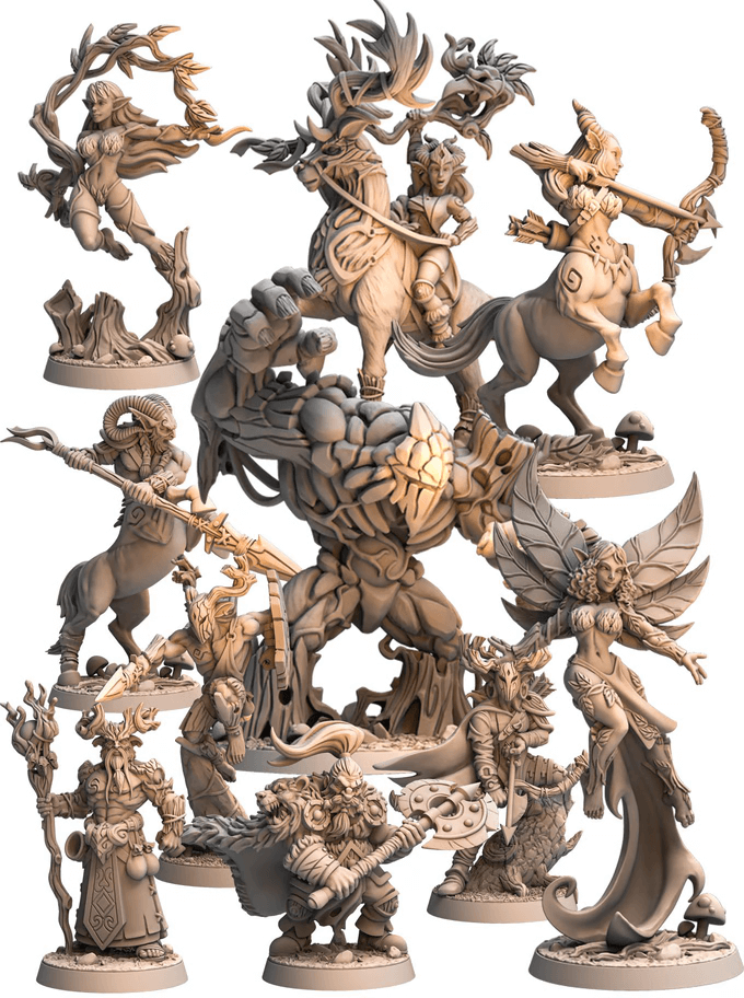 Collection of fantasy miniatures featuring mystical forest creatures, including dryads and treants, in 32mm scale.