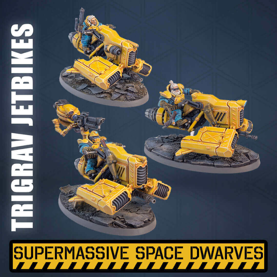TriGrav Jetbikes featuring Super Massive Space Dwarves, showcasing colorful miniatures on dynamic bases.
