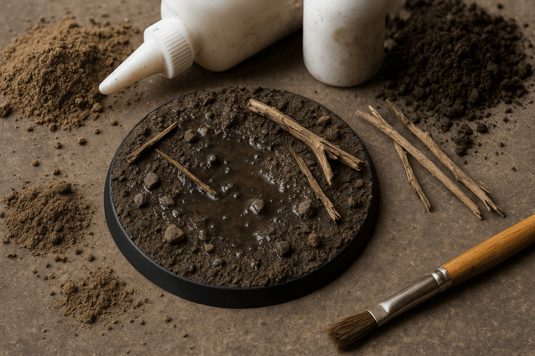 Muddy battlefield base made from natural materials, featuring dirt, twigs, and glue for miniature creations.