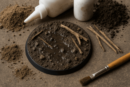 Muddy battlefield base made from natural materials, featuring dirt, twigs, and glue for miniature creations.