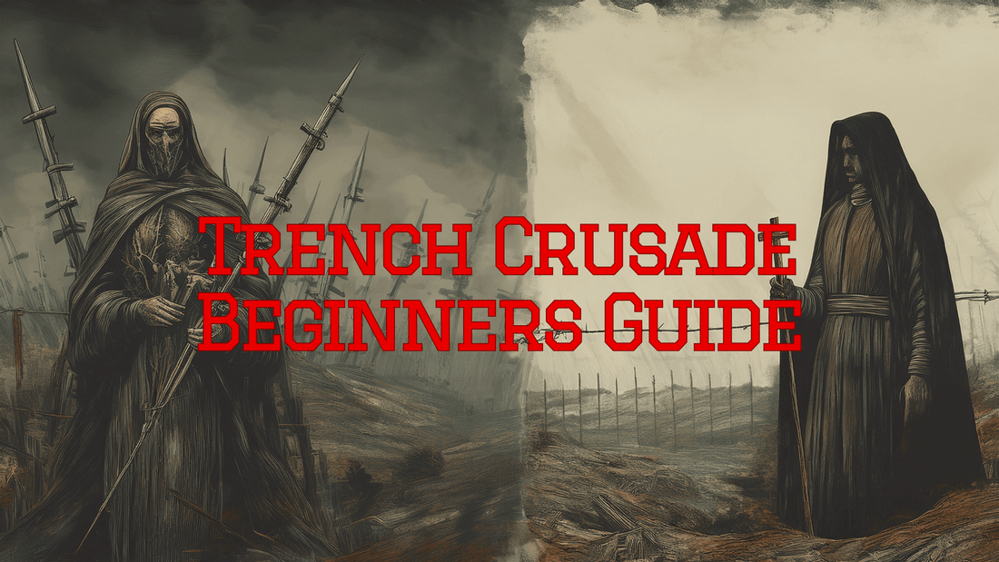 Trench Crusade beginners guide featuring dark, dramatic illustrations of characters in a skirmish setting.