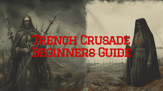 Illustration for Trench Crusade Beginner's Guide featuring grimdark miniatures and a trench warfare background.