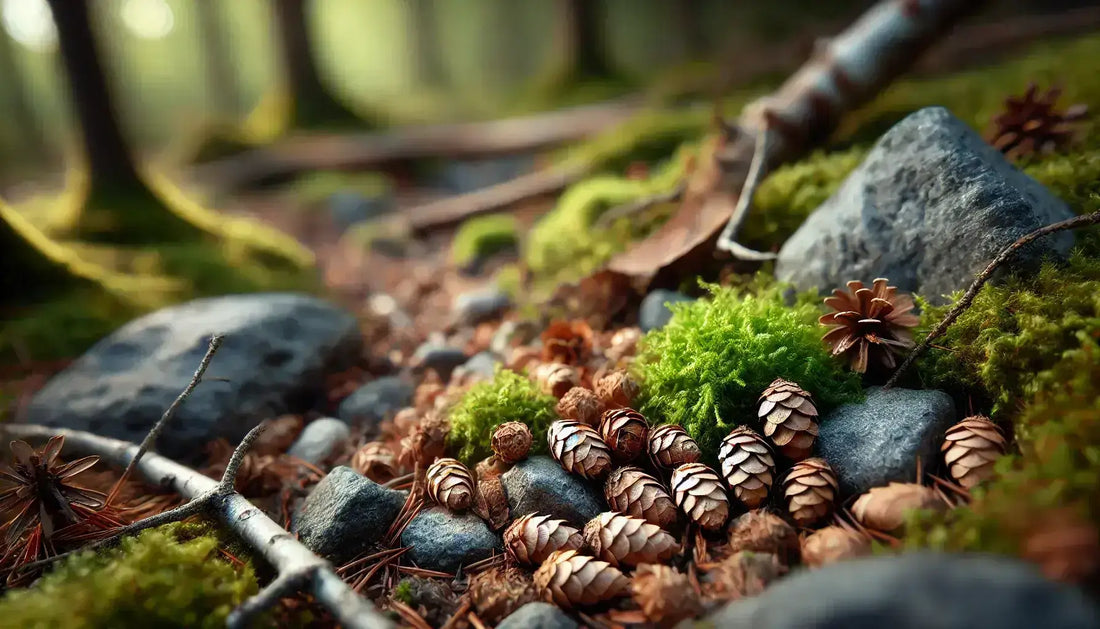 Close-up of small rocks, moss, and pine cones on forest floor, ideal for miniature base crafting.