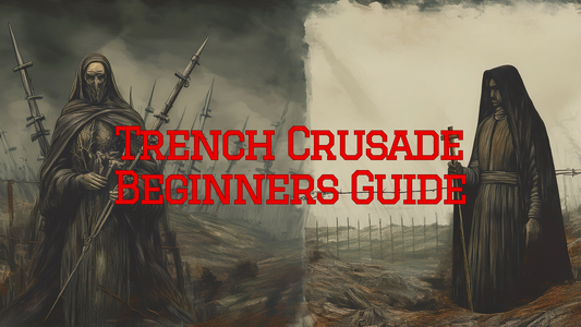 Trench Crusade beginners guide featuring dark, dramatic illustrations of characters in a skirmish setting.