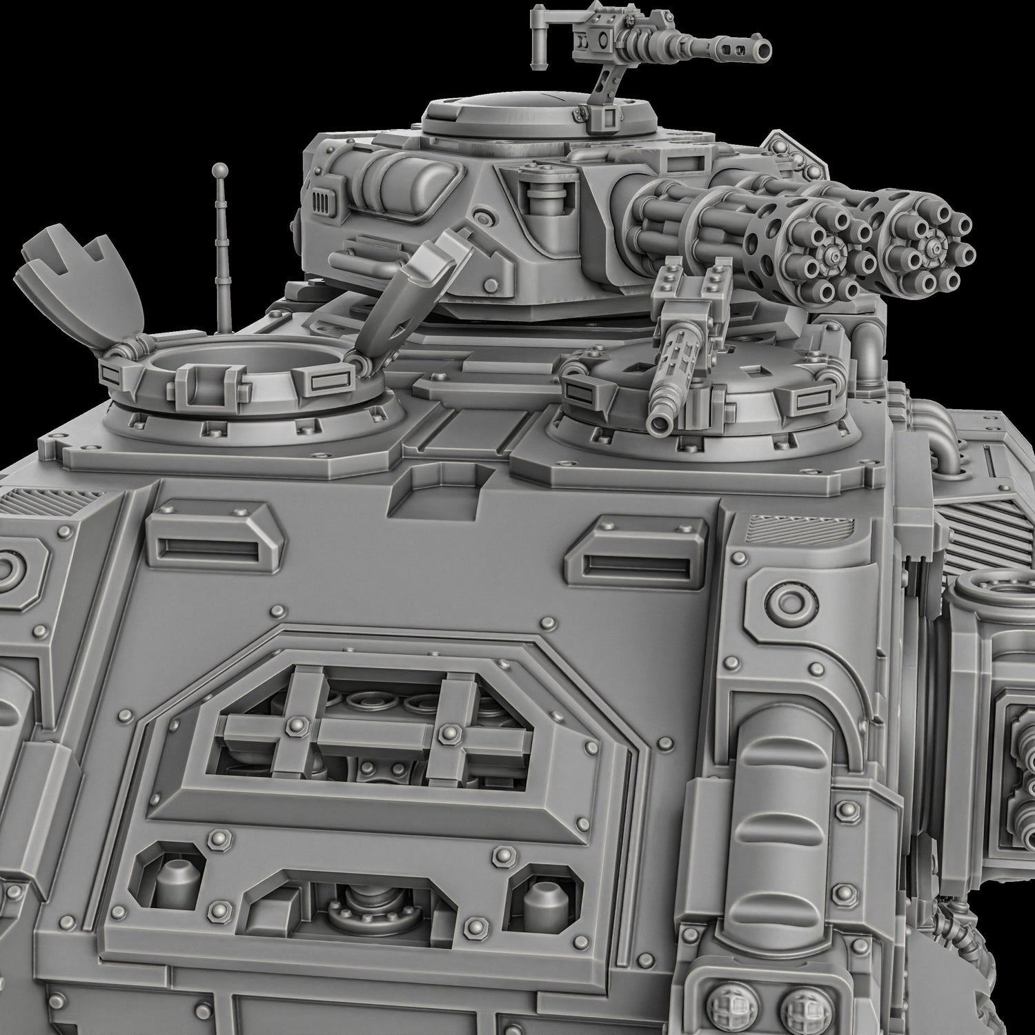 Detailed sci-fi armored vehicle model for 28-32mm tabletop wargames, showcasing intricate design and heavy-duty tracks.