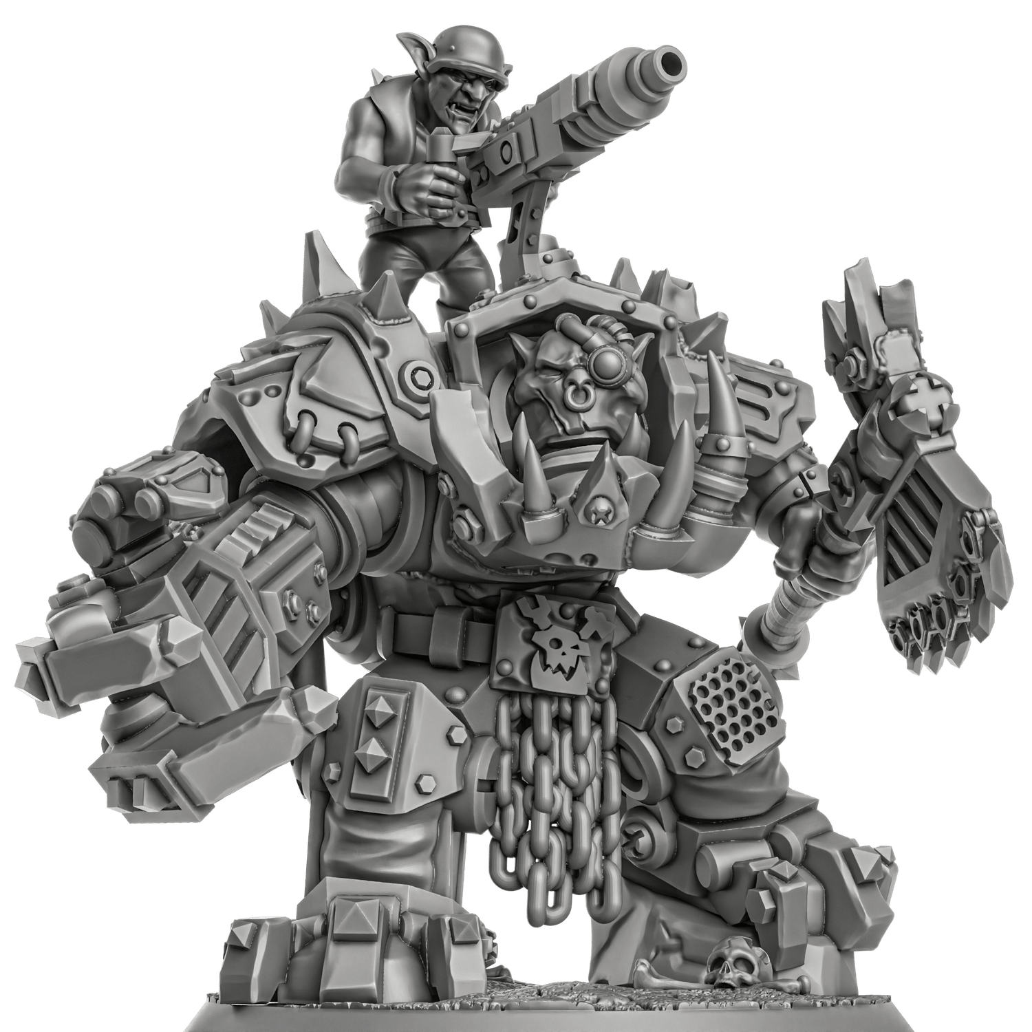 Detailed miniature model of a heavily armored Ork with a goblin riding on its back, holding a high-tech weapon.