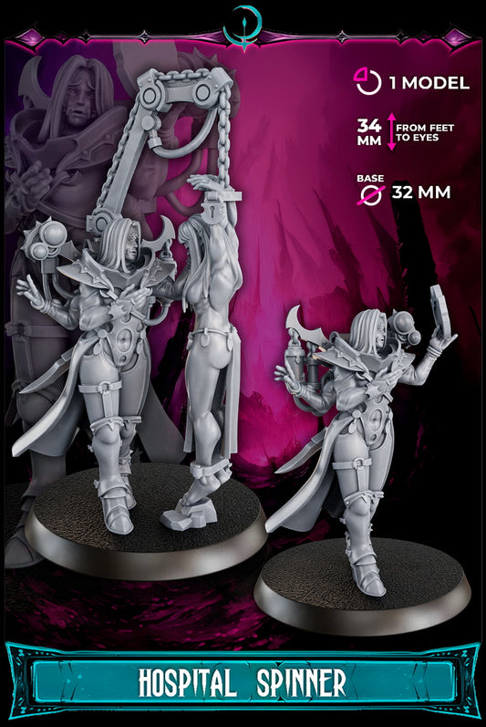 Chaos Cultist Female Miniature – Hospital Spinner, 28mm resin model showcasing twisted healer and tormentor design.