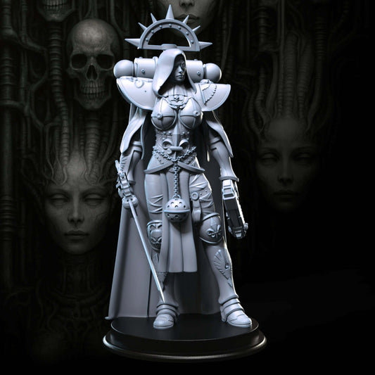 Velyra Sci-Fi Fantasy figurine, 75mm high, detailed design in grey resin with custom base, perfect for games or collections.