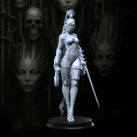 Assassin Serika Coilblade figurine, 75mm high, detailed sci-fi fantasy model with custom base, made from durable grey resin.