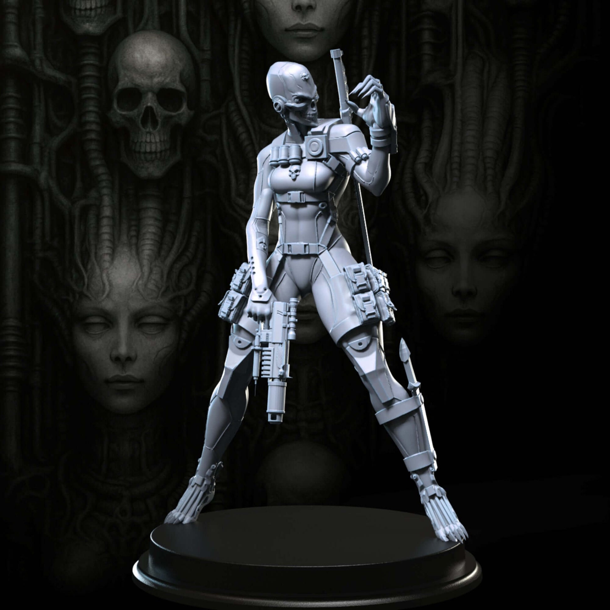 Assassin Justicar Nyrrha 75mm figurine, sci-fi fantasy model, detailed design, grey ABS-like resin, collectible miniature.