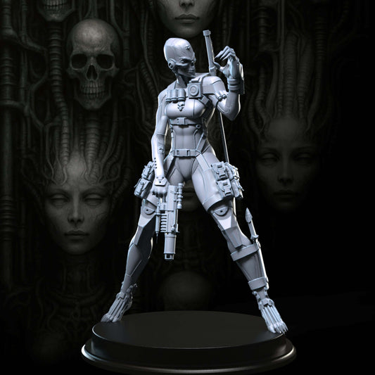 Assassin Justicar Nyrrha 75mm figurine, sci-fi fantasy model, detailed design, grey ABS-like resin, collectible miniature.