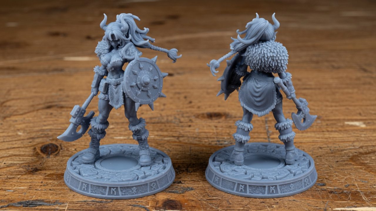 Odin Daughter 1 resin miniature front view showing axe, spiked shield, horned helm and runic base