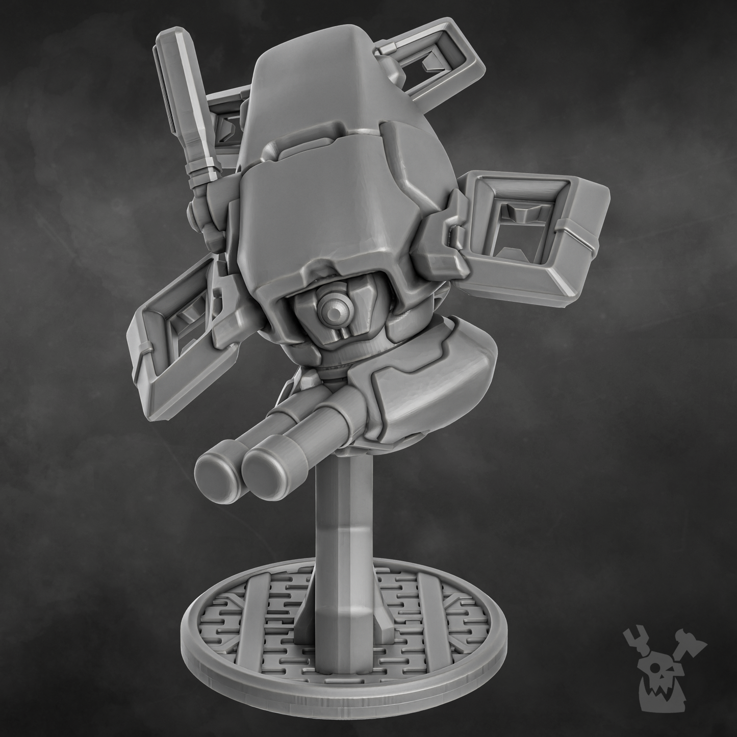 Gray sci-fi battlesuit model drone showcasing advanced weapon systems and intricate design, ideal for shadow combat.
