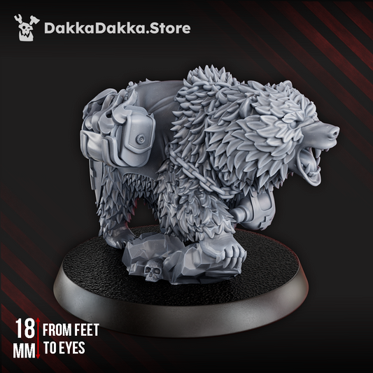 Redemption Warbear miniature, 18 mm tall, detailed resin model of a chained and armoured war beast with barbed fur, standing on a round base.