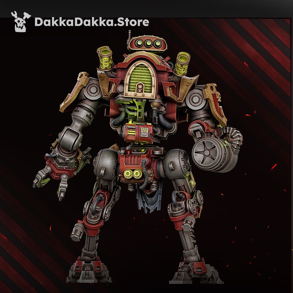 The Great Vortex Knightmech 113mm resin miniature, front view, showing crimson armour, green vents and skull chest motif