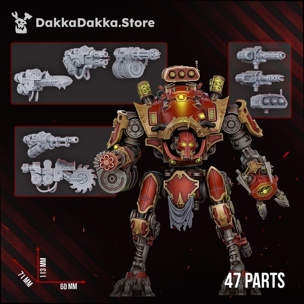 Parts layout showing 47-piece kit, weapon options, unpainted grey resin components and scale dimensions 113mm tall