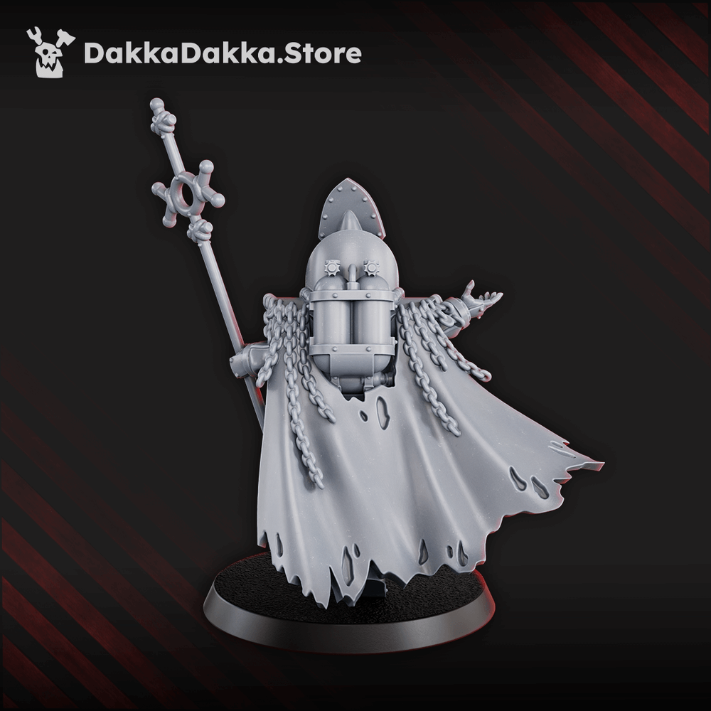 Trench Crusade Style Tet'o Herald 33mm resin miniature with staff and chains, front and rear views